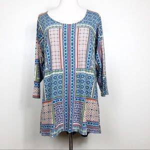 Rose + Olive Boho 3/4 Sleeve Tunic Hi/Low Hem 2X